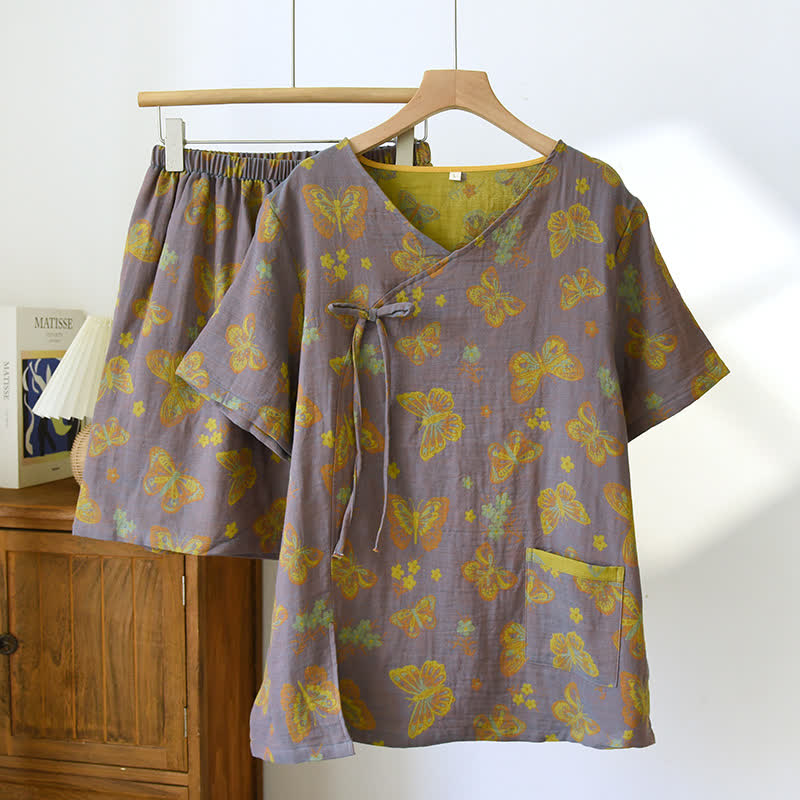 Ensemble pyjama vintage en gaze de coton à col en V et motif papillon