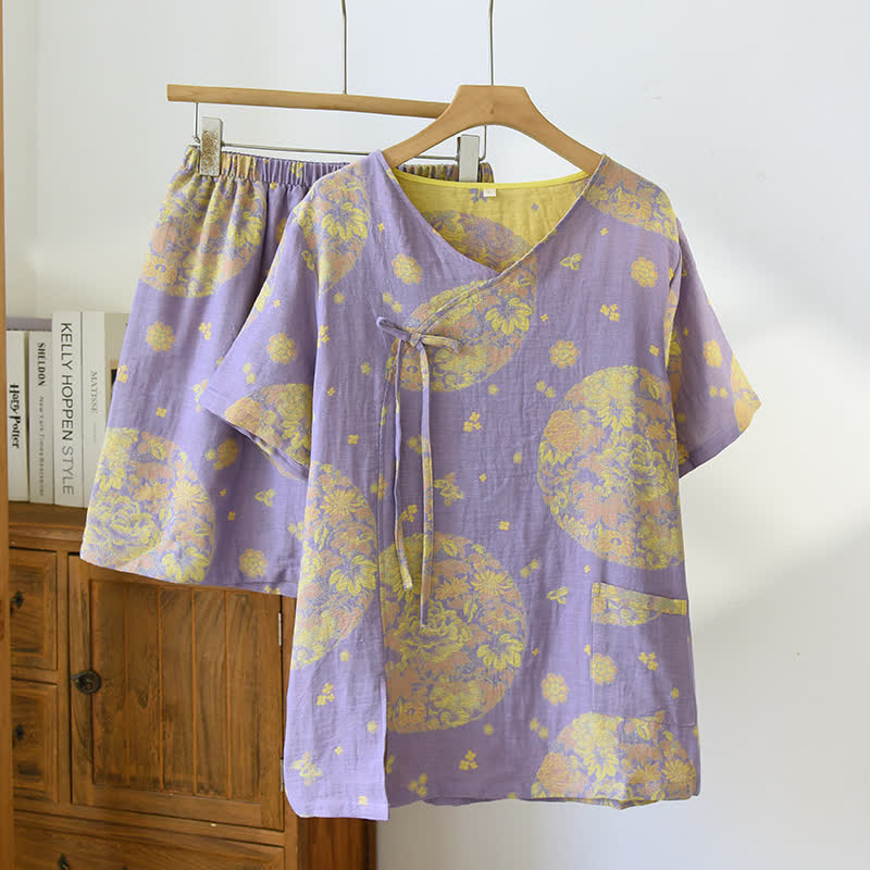 Ensemble pyjama en gaze de coton à col en V Vintage Blossom