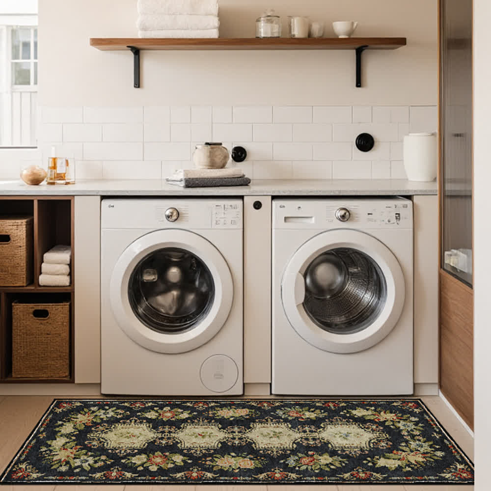 Tapis de cuisine lavable et antidérapant avec motif floral rétro