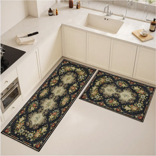 Tapis de cuisine lavable et antidérapant avec motif floral rétro