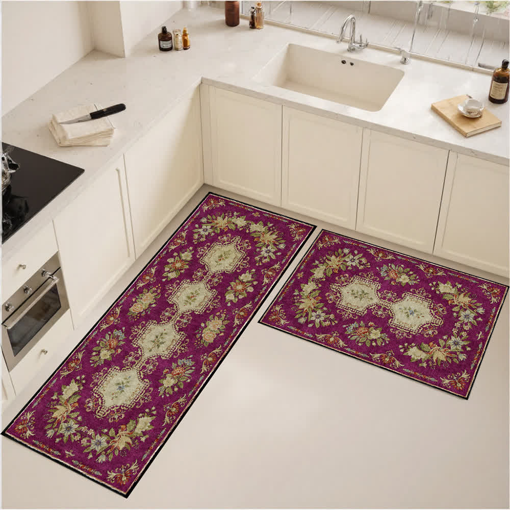 Tapis de cuisine lavable et antidérapant avec motif floral rétro