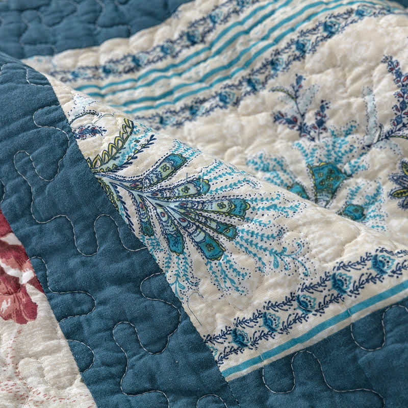 Couverture patchwork en coton à imprimé botanique à carreaux
