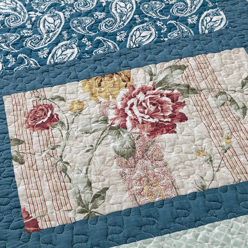 Couverture patchwork en coton à imprimé botanique à carreaux