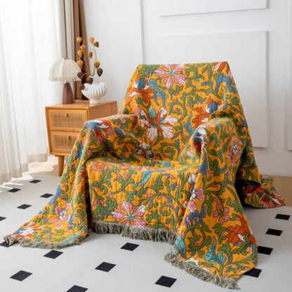 Couverture réversible en coton avec motif floral vintage et pompons