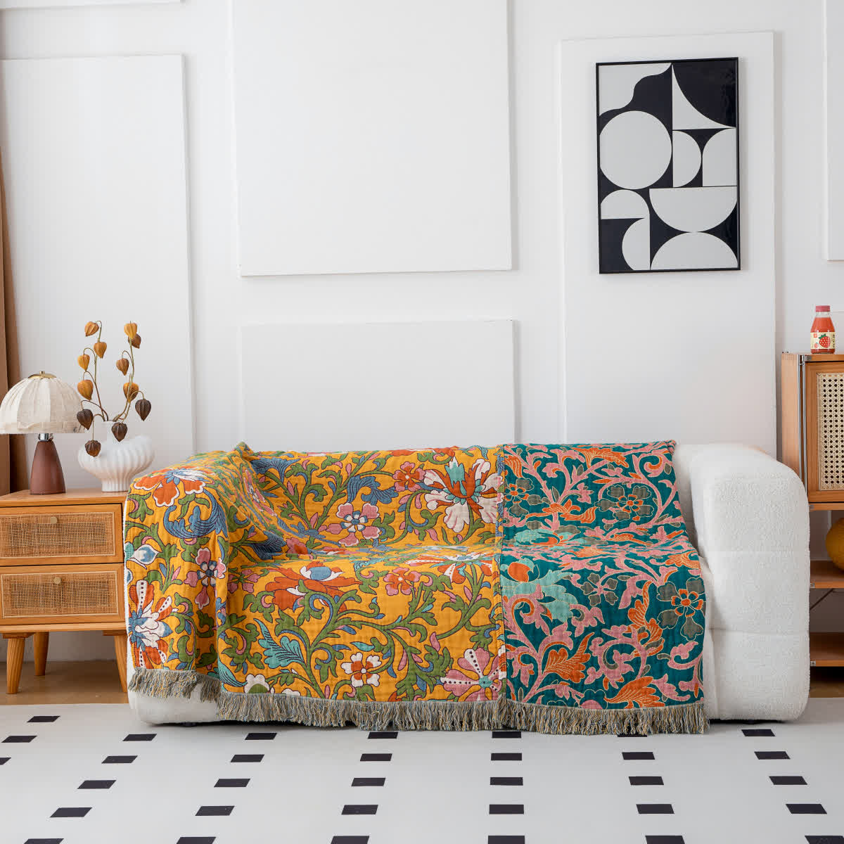 Couette réversible en coton avec motif floral vintage et pompons