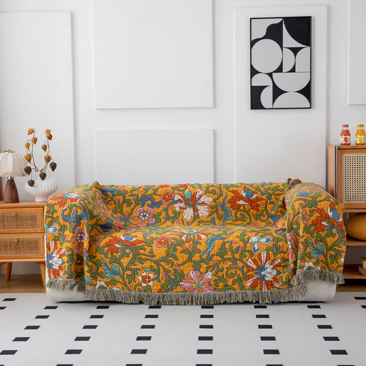 Couverture réversible en coton avec motif floral vintage et pompons