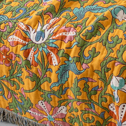 Couverture réversible en coton avec motif floral vintage et pompons
