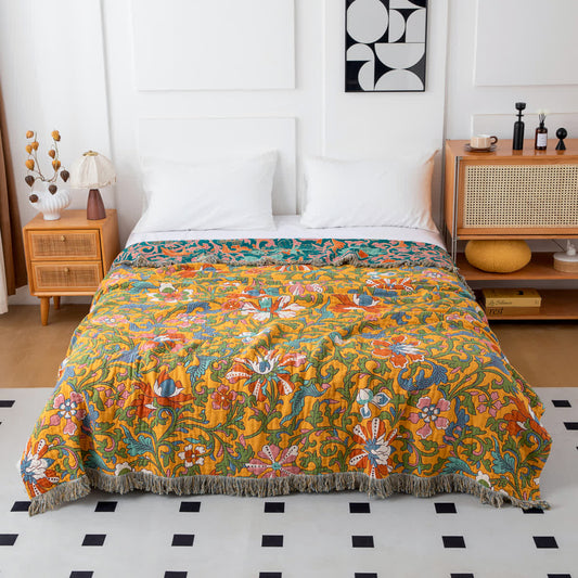 Couette réversible en coton avec motif floral vintage et pompons