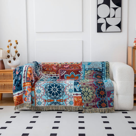 Couverture réversible en coton avec pompons et motif floral bleu de style bohème - 230 cm x 275 cm - image 1