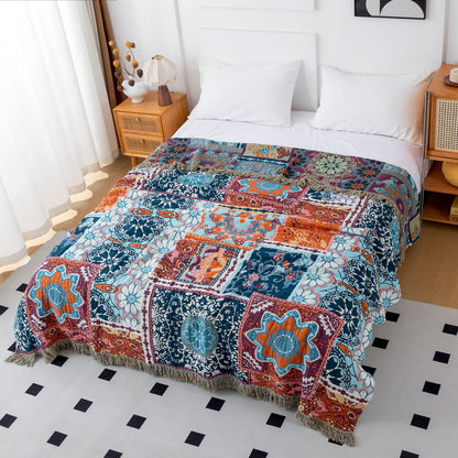 Couette bohème en coton avec pompons réversibles et fleurs bleues