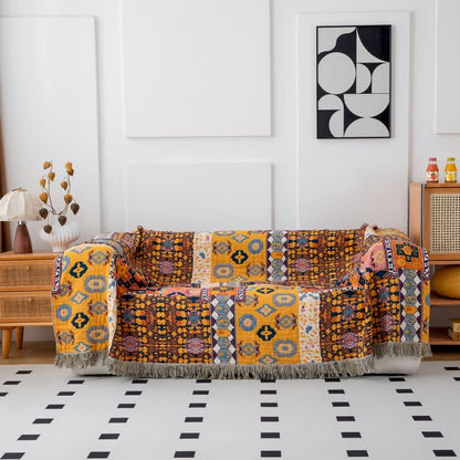 Couette patchwork de style bohème en coton avec réversibilité et pompons