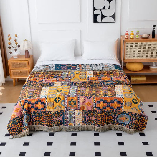 Couette patchwork de style bohème en coton avec réversibilité et pompons