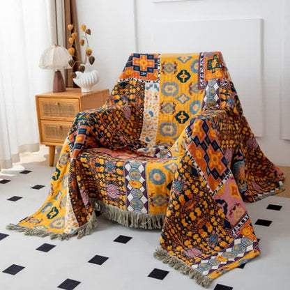 Couette patchwork de style bohème en coton avec réversibilité et pompons
