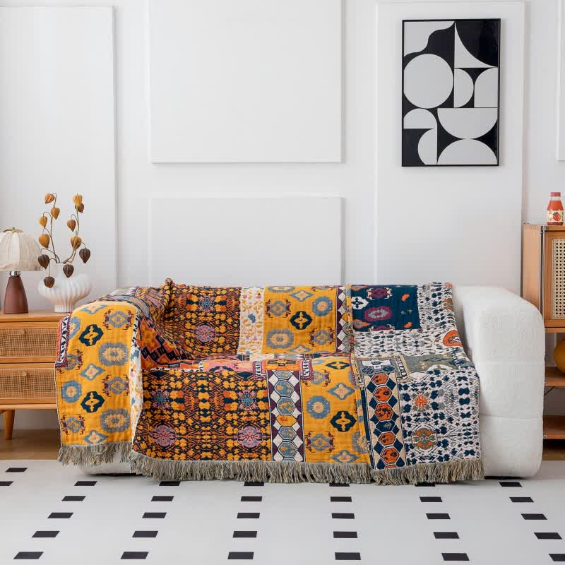 Couette patchwork de style bohème en coton avec réversibilité et pompons