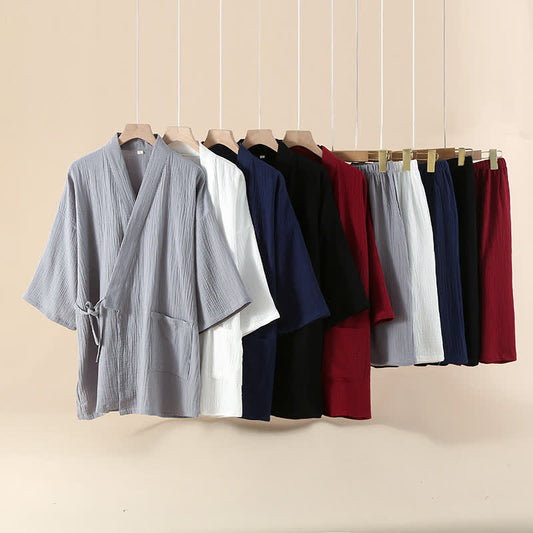 Ensemble pyjama kimono unisexe en gaze de coton unie