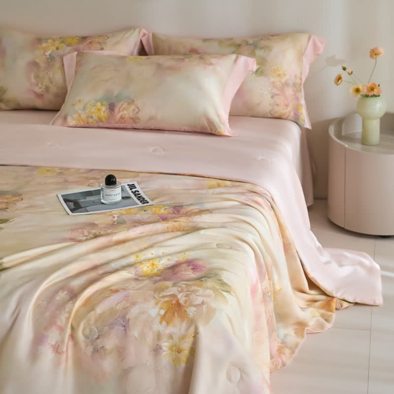 Couverture d'été à fleurs roses en fibre lyocell