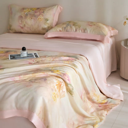 Couverture d'été à fleurs roses en fibre lyocell