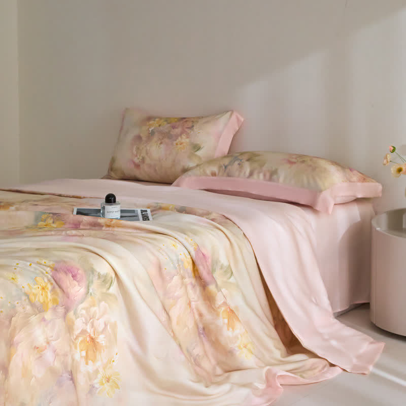 Couverture d'été à fleurs roses en fibre lyocell