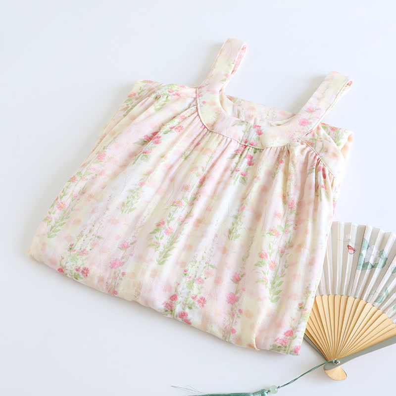 Chemise de nuit sans manches en fibre de bambou avec imprimé rose