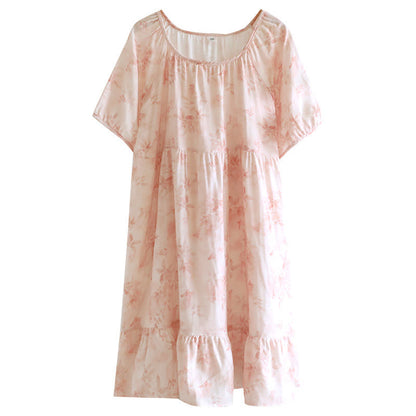 Chemise de nuit à manches courtes en gaze de coton de style campagnard avec motif floral