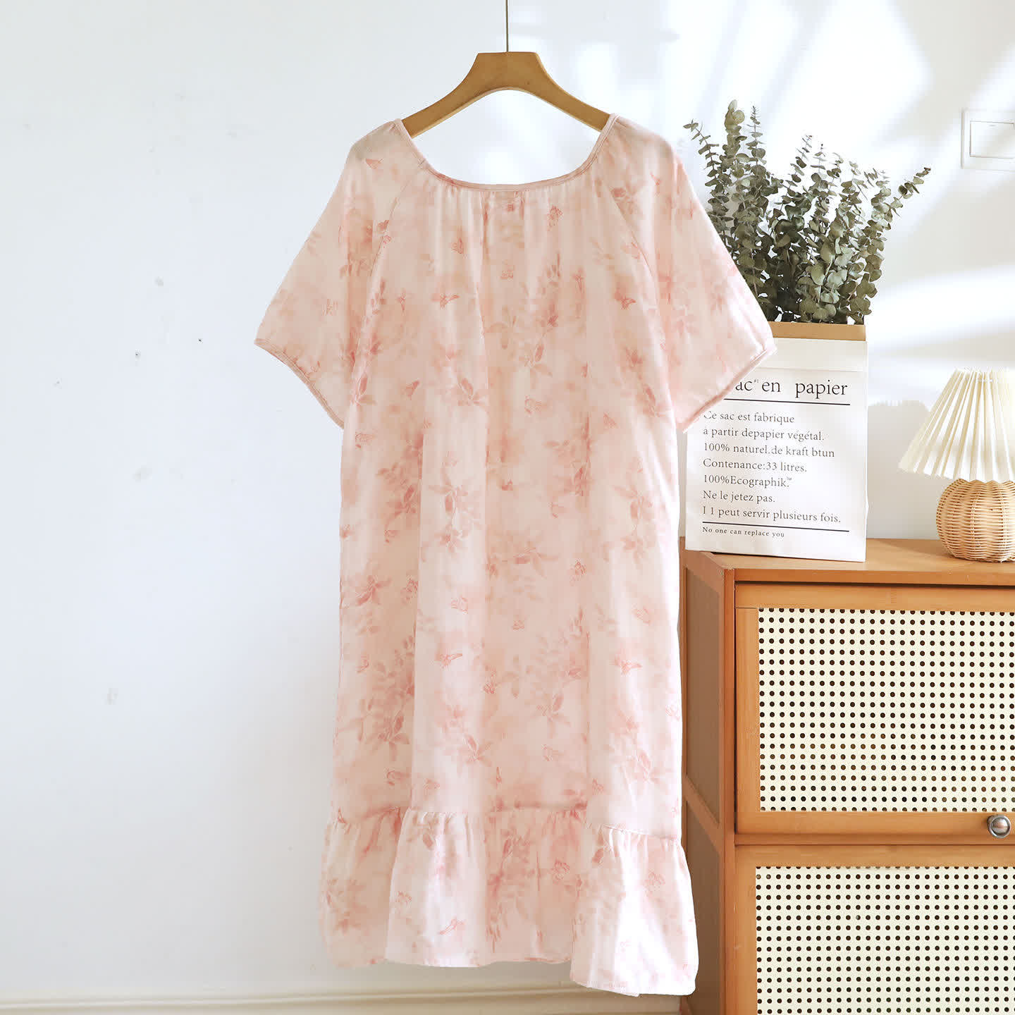 Chemise de nuit à manches courtes en gaze de coton de style campagnard avec motif floral