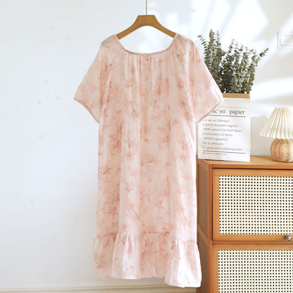 Chemise de nuit à manches courtes en gaze de coton de style campagnard avec motif floral