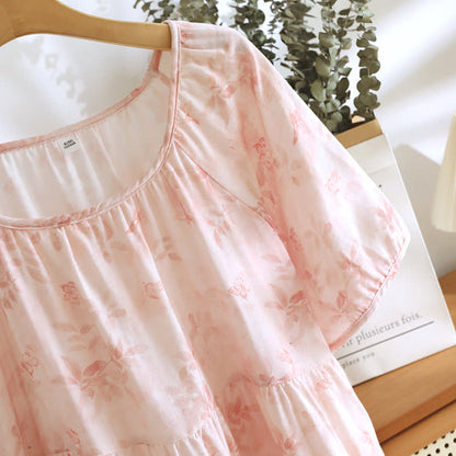 Chemise de nuit à manches courtes en gaze de coton de style campagnard avec motif floral