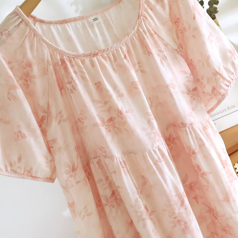 Chemise de nuit à manches courtes en gaze de coton de style campagnard avec motif floral