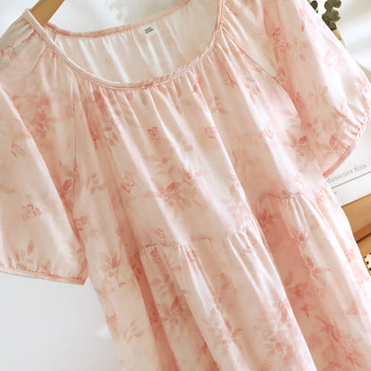 Chemise de nuit à manches courtes en gaze de coton de style campagnard avec motif floral