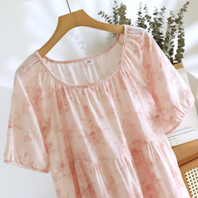 Chemise de nuit à manches courtes en gaze de coton de style campagnard avec motif floral
