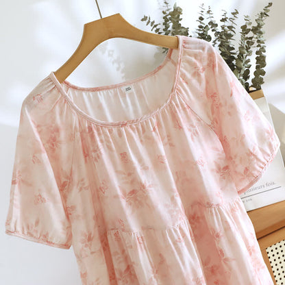 Chemise de nuit à manches courtes en gaze de coton de style campagnard avec motif floral