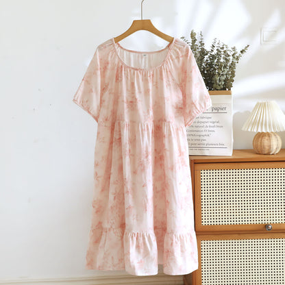 Chemise de nuit à manches courtes en gaze de coton de style campagnard avec motif floral