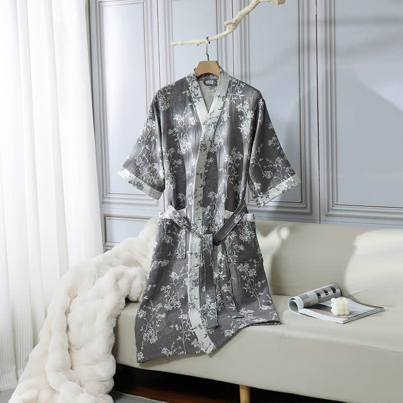 Peignoir en gaze de coton jacquard style kimono floral vintage
