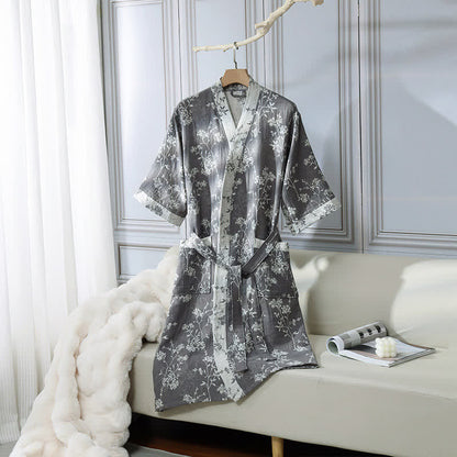 Peignoir en gaze de coton jacquard style kimono floral vintage