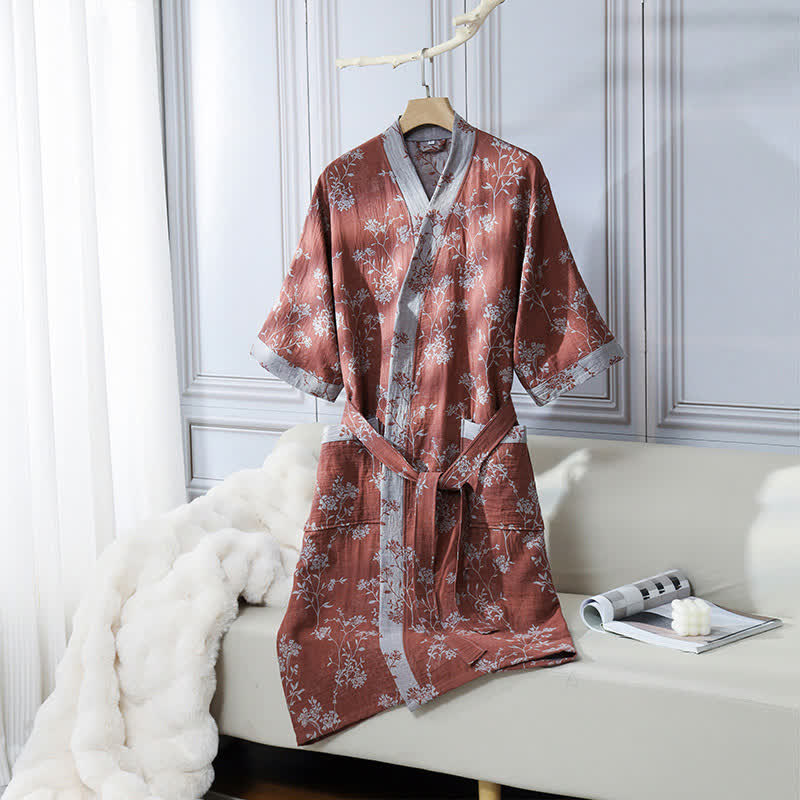 Peignoir en gaze de coton jacquard style kimono floral vintage