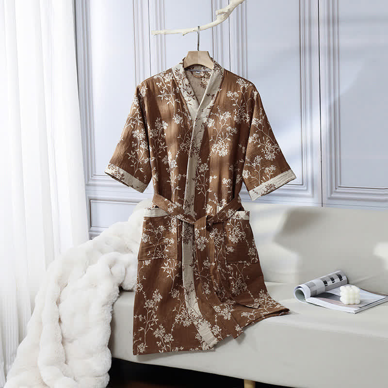 Peignoir en gaze de coton jacquard style kimono floral vintage