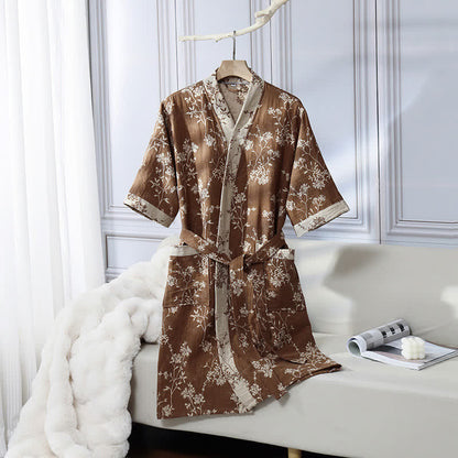 Peignoir en gaze de coton jacquard style kimono floral vintage