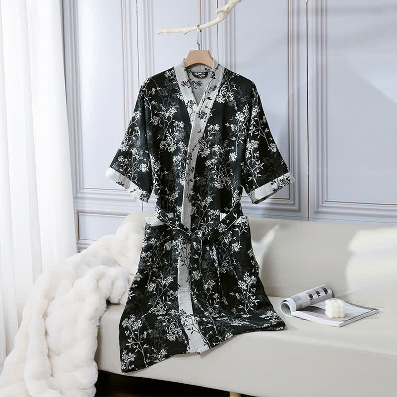 Peignoir en gaze de coton jacquard style kimono floral vintage