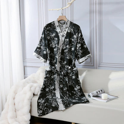 Peignoir en gaze de coton jacquard style kimono floral vintage