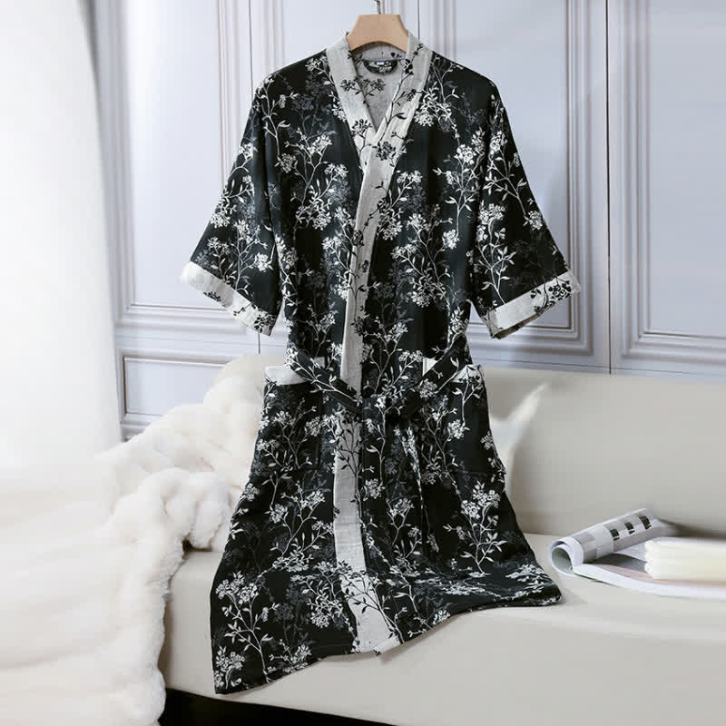 Peignoir en gaze de coton jacquard style kimono floral vintage