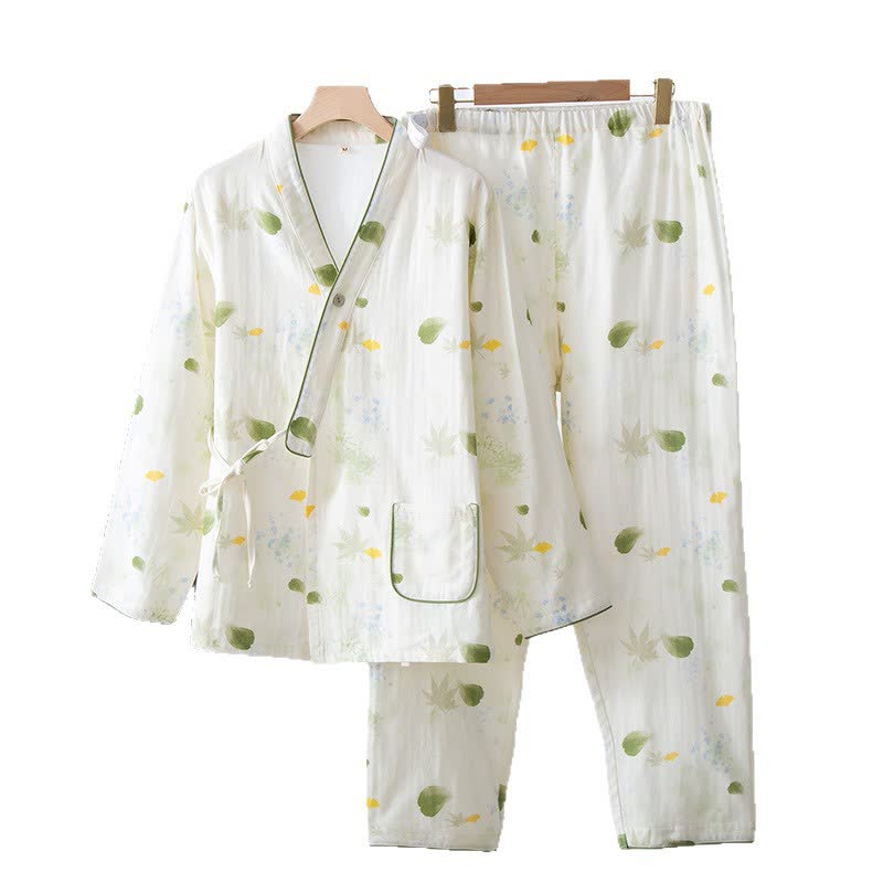Ensemble pyjama ajustable en gaze de coton imprimé feuilles avec kimono