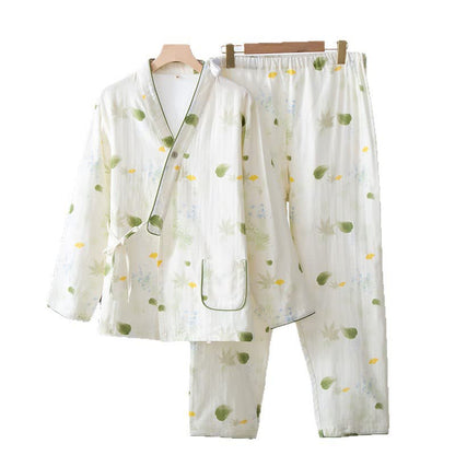 Ensemble pyjama ajustable en gaze de coton imprimé feuilles avec kimono