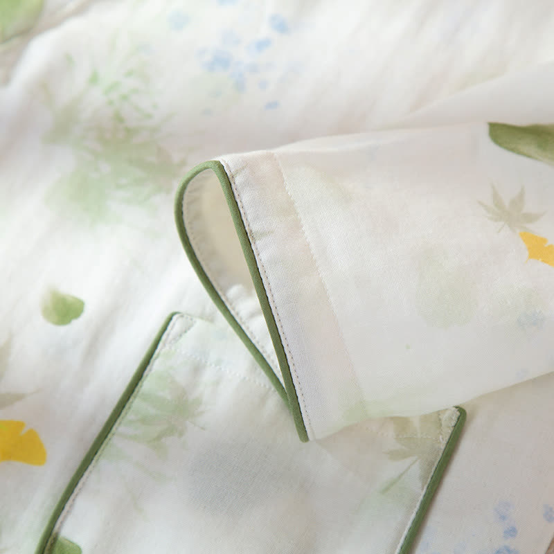 Ensemble pyjama ajustable en gaze de coton imprimé feuilles avec kimono
