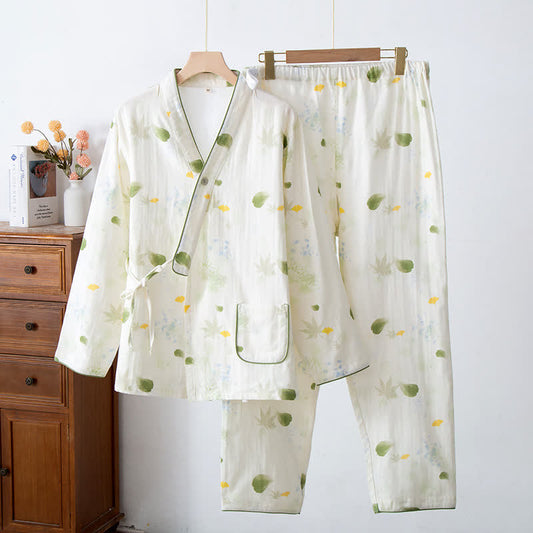 Ensemble pyjama ajustable en gaze de coton imprimé feuilles avec kimono
