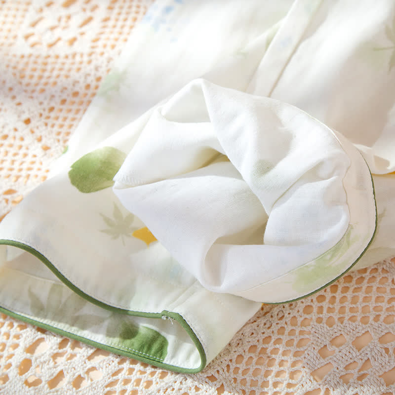 Ensemble pyjama ajustable en gaze de coton imprimé feuilles avec kimono