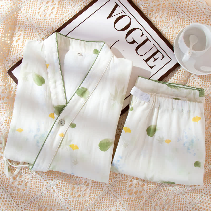 Ensemble pyjama ajustable en gaze de coton imprimé feuilles avec kimono
