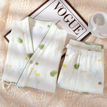 Ensemble pyjama ajustable en gaze de coton imprimé feuilles avec kimono