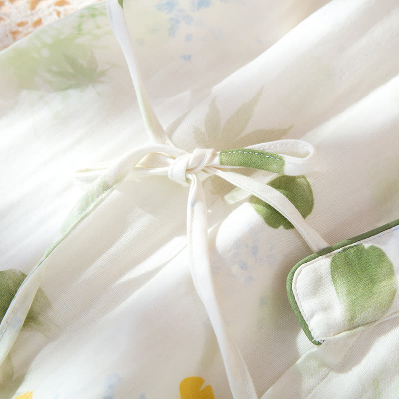 Ensemble pyjama ajustable en gaze de coton imprimé feuilles avec kimono