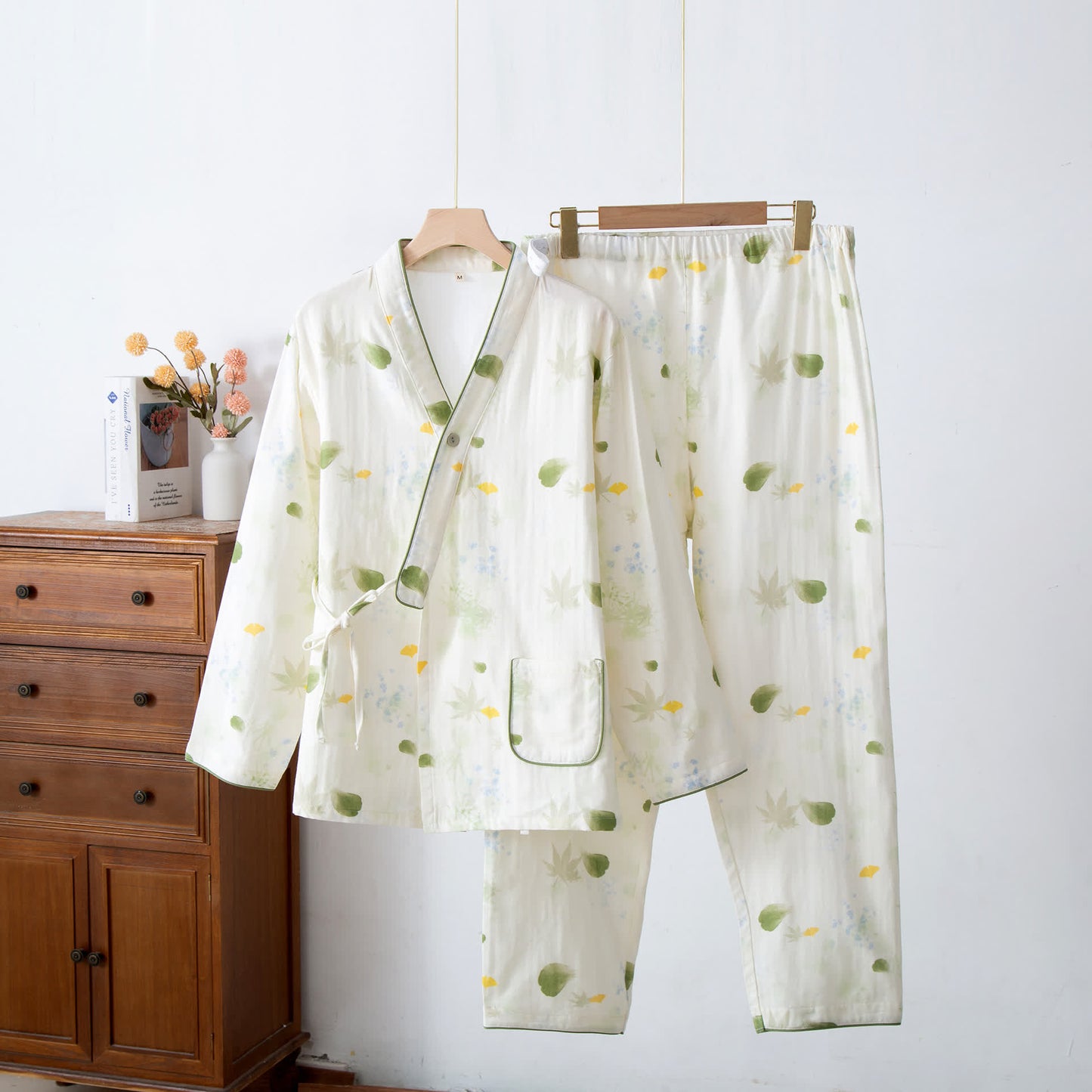 Ensemble pyjama ajustable en gaze de coton imprimé feuilles avec kimono