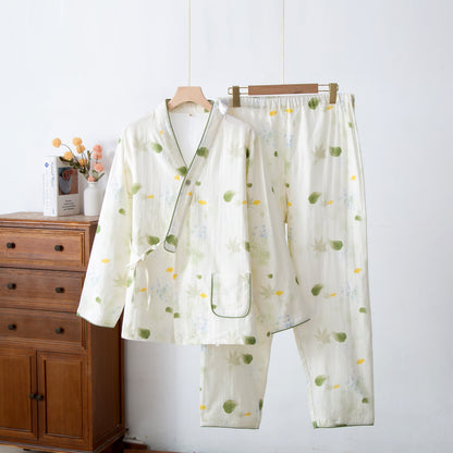 Ensemble pyjama ajustable en gaze de coton imprimé feuilles avec kimono